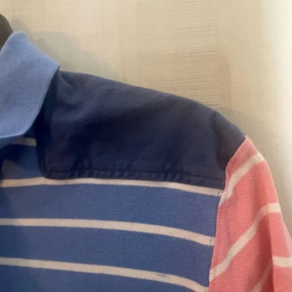 Vineyard Vines blue green‎ pink white shirt sleeve striped polo shirt, medium